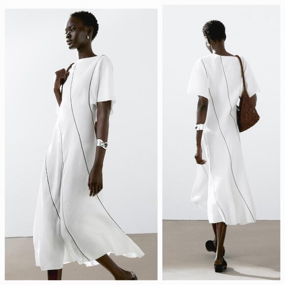 Massimo Dutti Linen Blend Midi Dress M White Short Sleeve Flowing Vacation Chic - Picture 3 of 13